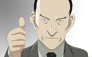 photo of cartoon character man in gray suit with thumb up sign