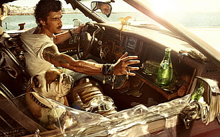 man inside melting car reaching for green bottle artwork, dog, vehicle, Gentleman, melting HD wallpaper