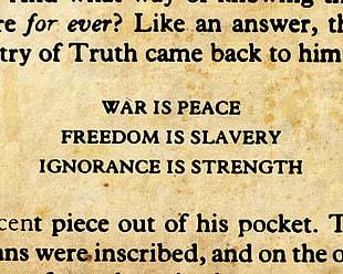 brown background with text overlay, quote, George Orwell, 1984, typography