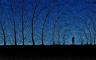 person standing near bare trees illustration