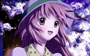 purple haired female with hat illustration HD wallpaper