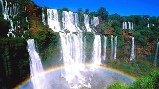 green trees near waterfall with rainbow photo