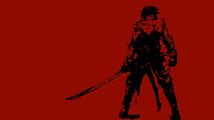 silhouette of man with katana on red background