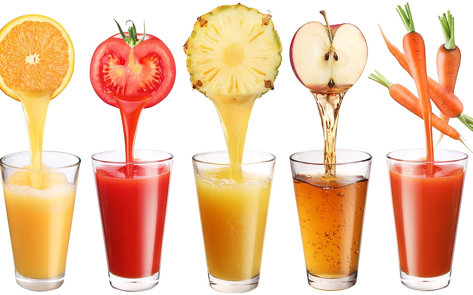 variety of fruits and vegetables juice in glasses HD wallpaper