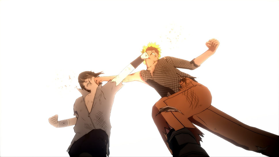 two men punching face anime character, Naruto Shippuuden, Uzumaki Naruto, Uchiha Sasuke, fighting HD wallpaper