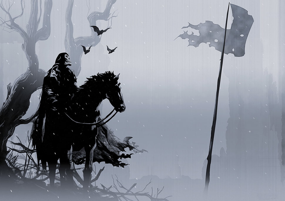 game application wallpaper, death, simple background, horse, cape HD wallpaper