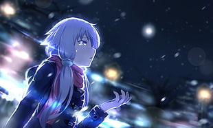 female anime character digital wallpaper, long hair, night, scarf, snow