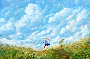 painting of woman standing beside stairway in between cornfield