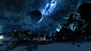 village under moon illustration HD wallpaper