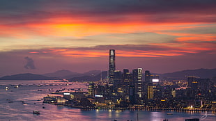 landscape photography of city buildings near body of water during golden time, hong kong