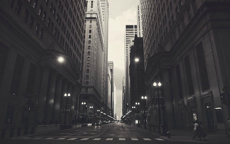 grayscale photography of road in between buildings HD wallpaper
