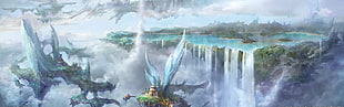 waterfalls digital wallpaper, anime, multiple display, nature, fantasy art