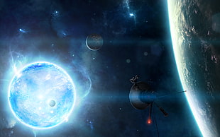 space satellite and planets illustration, space, planet, stars, galaxy HD wallpaper