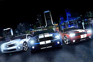three assorted-color Ford Mustang coupes, Ford Mustang, Shelby, Chevrolet Camaro, motorsports