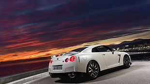 white Nissan GT-R coupe, car, Nissan, Nissan GTR, road