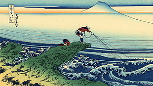 wake boarding, Hokusai, landscape, Japan, Wood block HD wallpaper