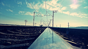 silver rails, power lines, railway, worm's eye view, landscape HD wallpaper