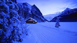 cabin near snowy mountains