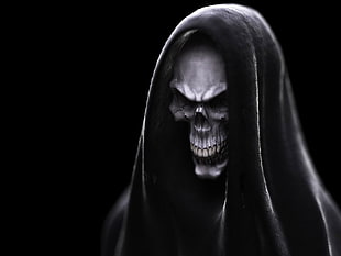 skull with black cape artwork painting, skull, Grim Reaper, fantasy art, simple background