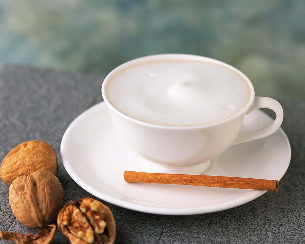 milk filled in white ceramic teacup with tray HD wallpaper