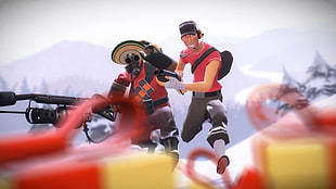 two men standing on snow pile wallpaper, video games, Team Fortress 2, Pyro (character), Scout (character)