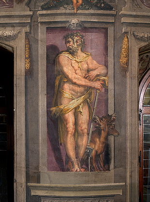 man standing next to dog painting, artwork, Greek mythology, Hades, Pluto HD wallpaper