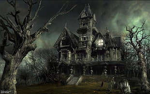 haunted house digital wallpaper, Halloween, spooky