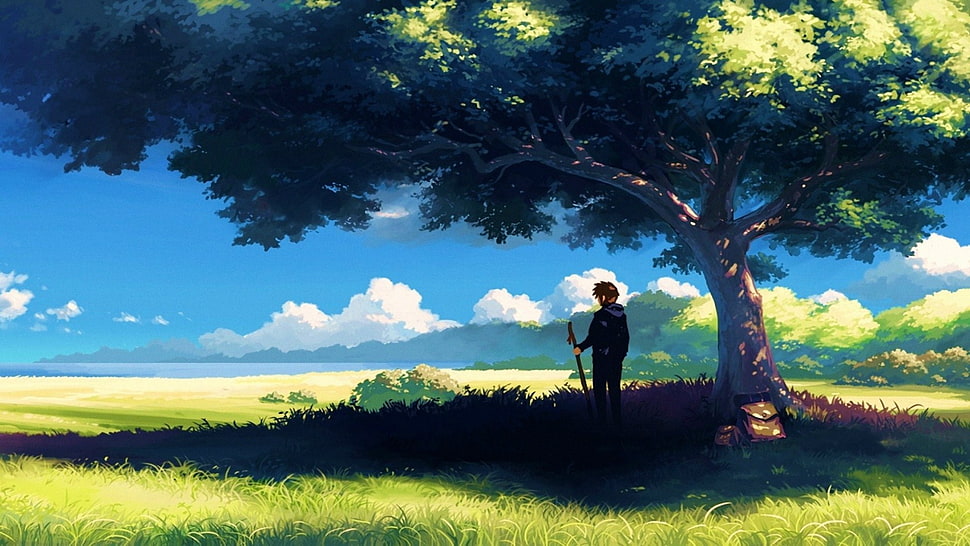 man standing under the tree digital wallpaper, nature, anime, anime boys, trees HD wallpaper
