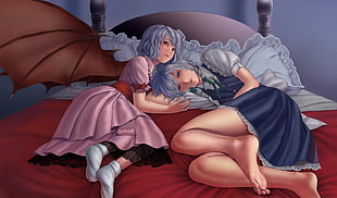 two female anime character lying on bed