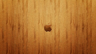brown Apple logo, wooden surface, Apple Inc., logo