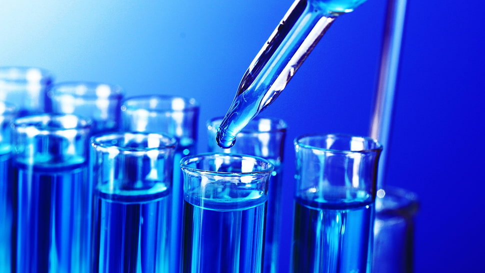 clear glass text tub, science, liquid, blue background HD wallpaper