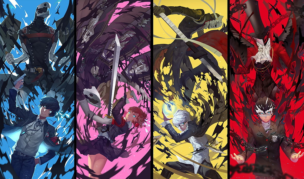 four anime characters digital wallpaper, Persona 4, Narukami Yuu, Persona 3, Yuuki Makoto HD wallpaper