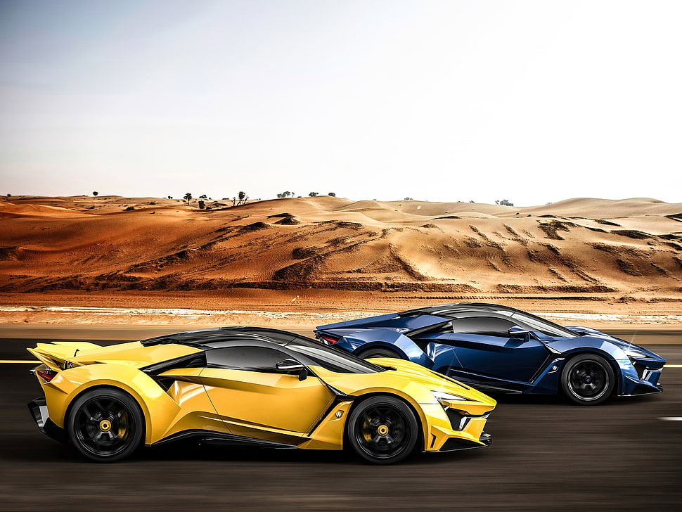 poster of yellow and blue sports car, W Motors Fenyr, car, road, desert HD wallpaper