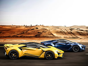 poster of yellow and blue sports car, W Motors Fenyr, car, road, desert