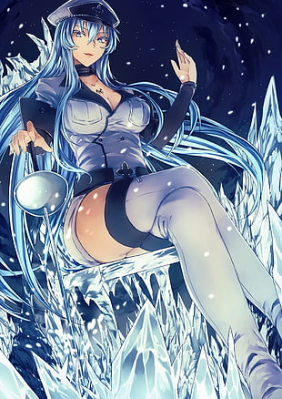 female anime character wearing black-and-white hat and long-sleeved uniform digital wallpaper, Akame ga Kill!, Esdeath, ice
