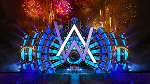 red and yellow fireworks, Alan Walker, logo, fireworks