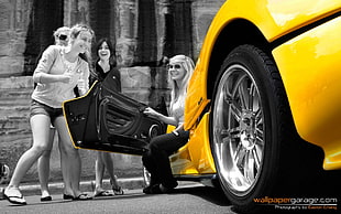 selective-color photography of yellow car, car, women, Zonda, Pagani