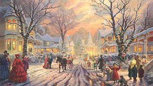 painting of village during winter season HD wallpaper