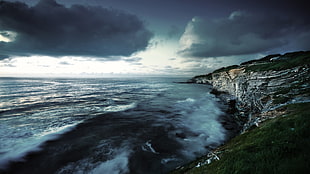 ocean water under cloudy sky, sea, clouds, coast, cliff HD wallpaper