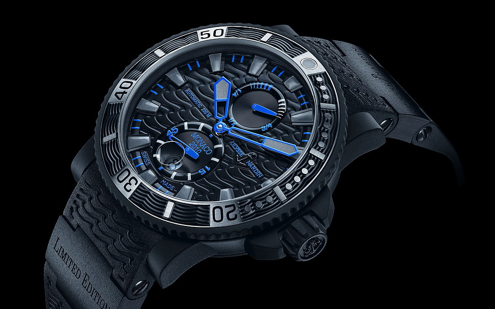 round black and blue chronograph watch at 10:10, watch, black background, dark, Ulysse Nardin HD wallpaper