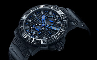 round black and blue chronograph watch at 10:10, watch, black background, dark, Ulysse Nardin