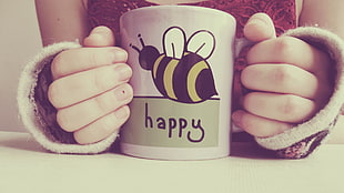 white and black bee graphic happy-printed ceramic mug, cup, minimalism HD wallpaper