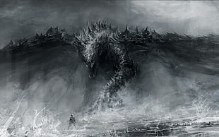 grayscale painting of sea monster, fantasy art, dragon