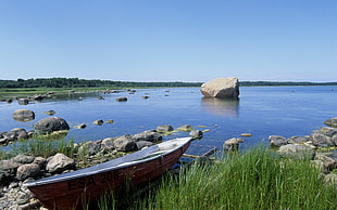 white and brown boat surrounding rocks