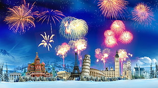overlay edited photos of famous landmarks with fireworks HD wallpaper