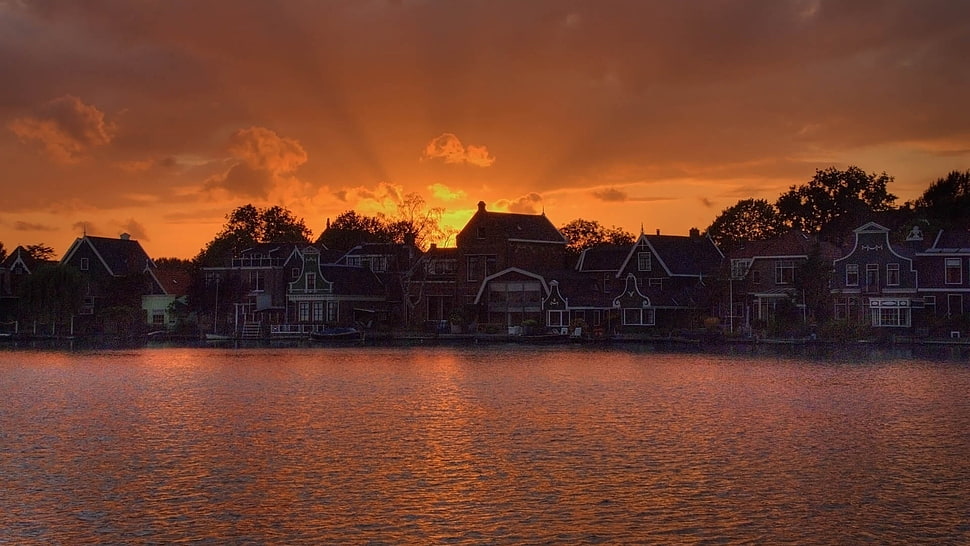 silhouette photo of houses during golden hour HD wallpaper