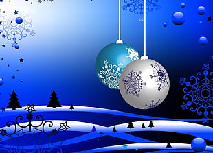 white and blue baubles illustration HD wallpaper