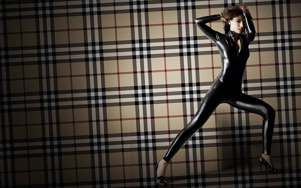 woman with latex suit in burberry background HD wallpaper