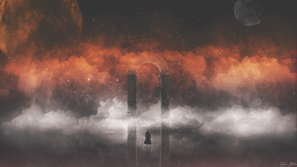 person standing near two black towers, digital art, red, arch, mist HD wallpaper
