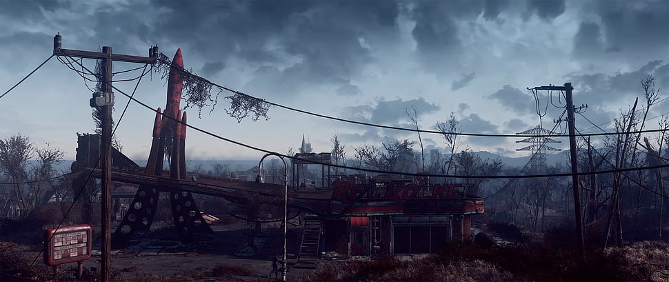 brown and gray electric post, Fallout 4, artwork, video games, Fallout HD wallpaper